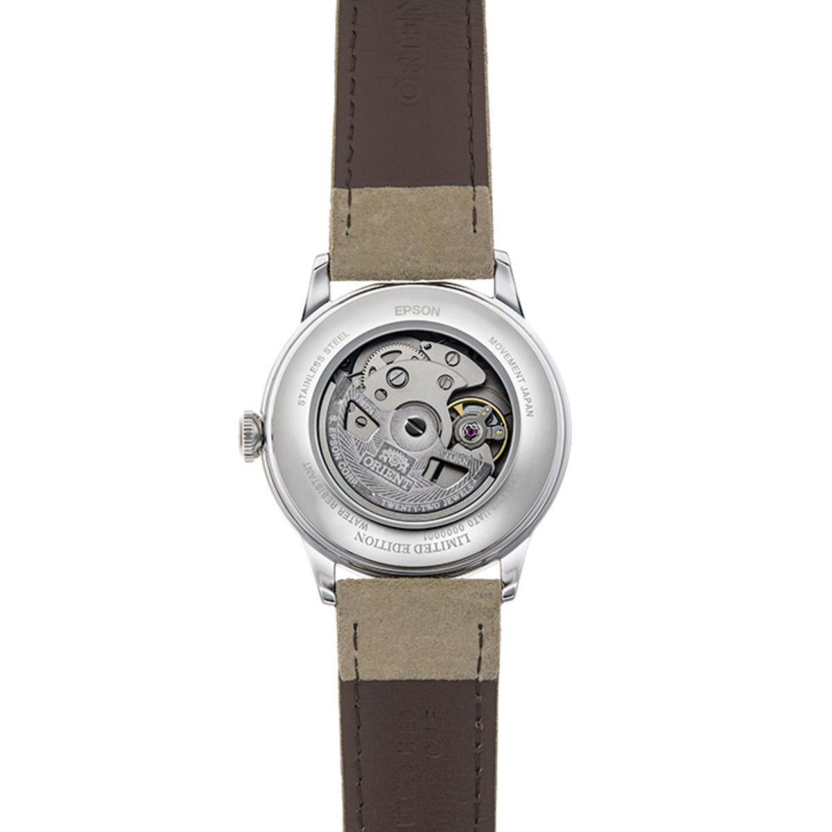 Men's automatic wristwatch with visible caseback and brown leather strap