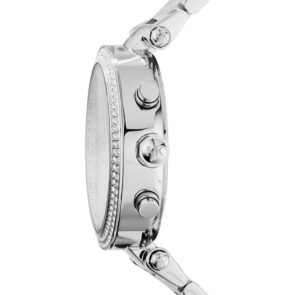 Stainless steel watch side profile with crystal bezel edge and crown pushers