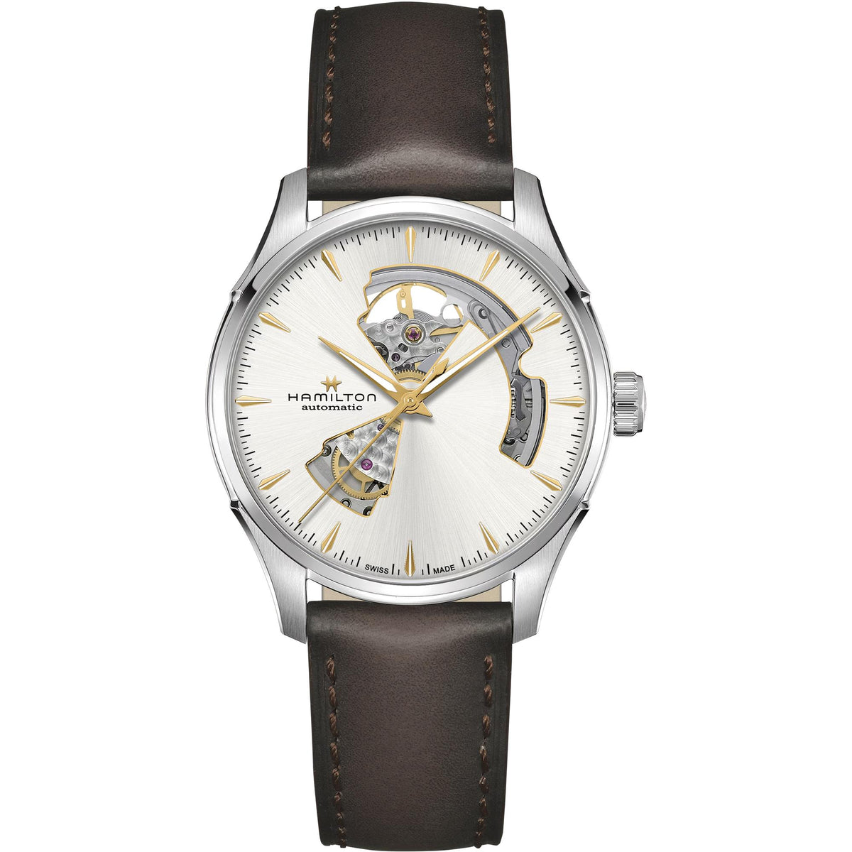 Hamilton Jazzmaster H32675551 40mm open heart automatic mens watch front view showing silver dial and dark brown leather strap