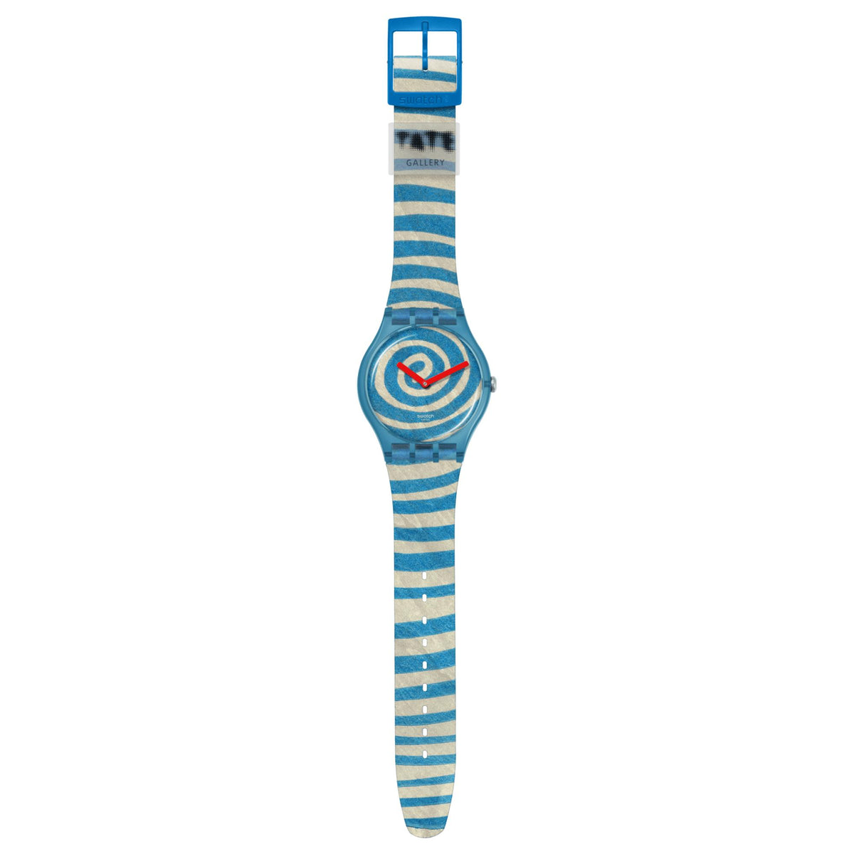 Blue and beige striped silicone strap watch with spiral dial and round silver crown