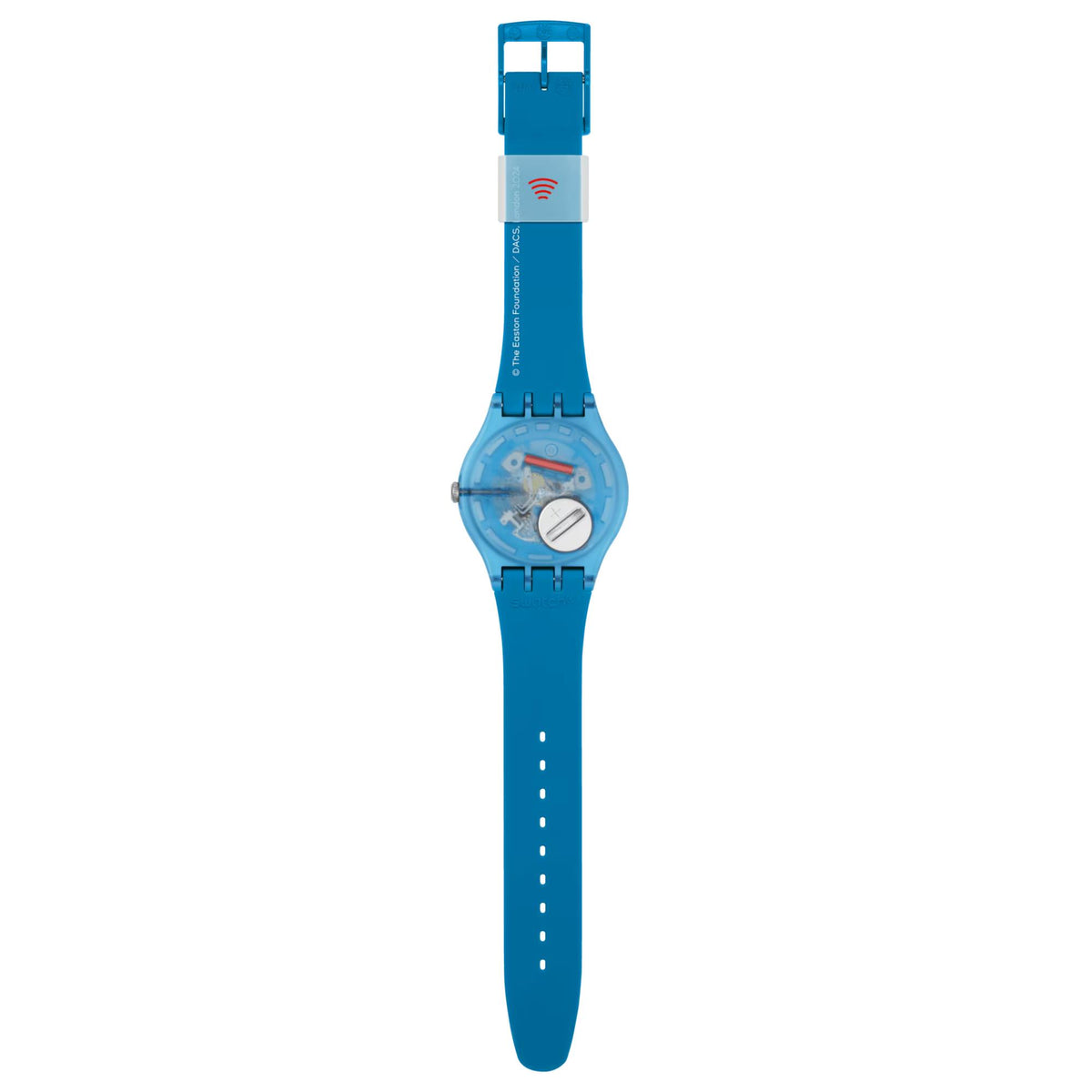Blue silicone watch with round face, silver crown, and adjustable strap holes