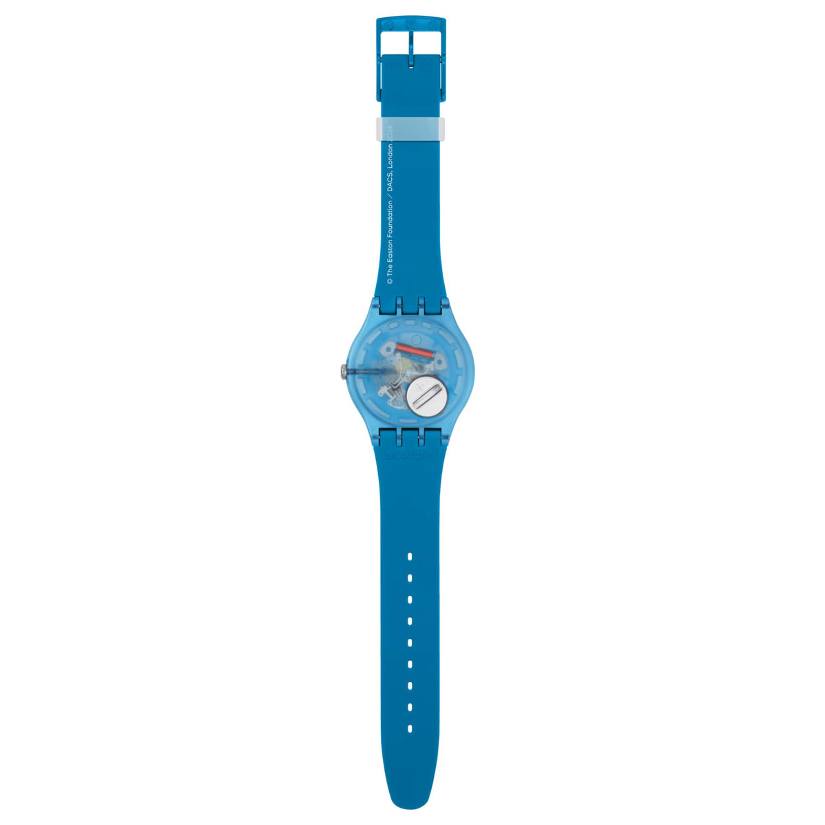 Blue silicone strap watch with clasp, round crown, and spiral dial