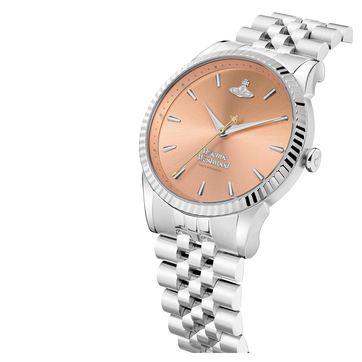 Women's steel quartz wristwatch with peach dial, silver bezel, and metal bracelet