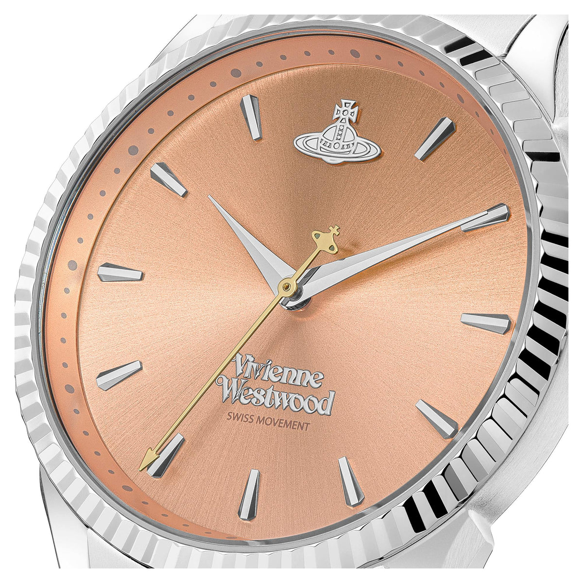 Close-up of women's quartz watch: peach dial with logo, silver markers, gold-toned hands