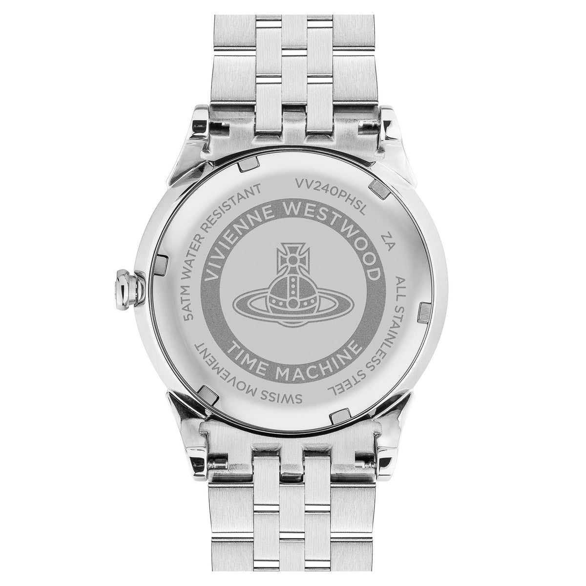 Back view of women's steel quartz watch with stamped case and linked bracelet