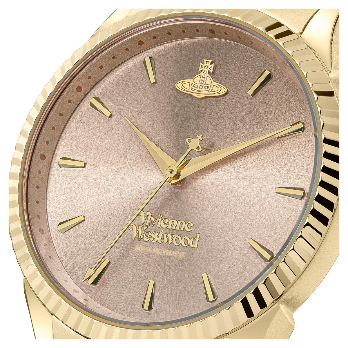 Vivienne Westwood watch dial close-up with pink tone, gold hands, logo and baton hour marks