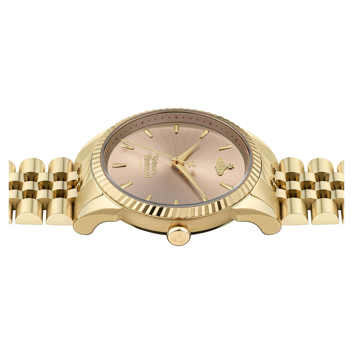 Vivienne Westwood watch with gold case and bracelet, round pink dial with gold hands