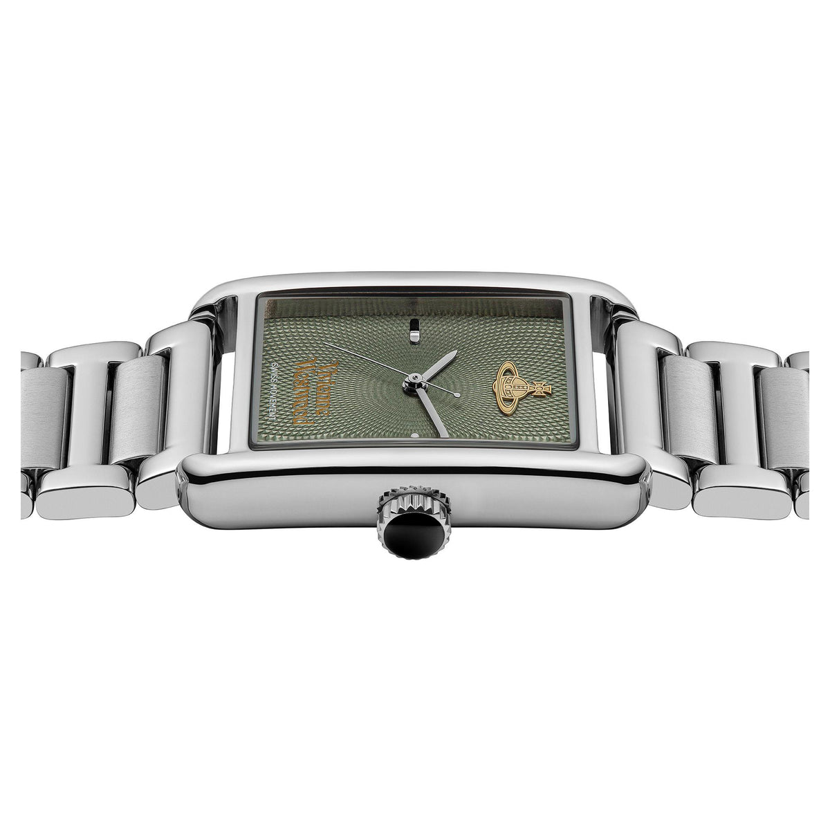 Front view of rectangular watch with green textured dial and stainless steel strap