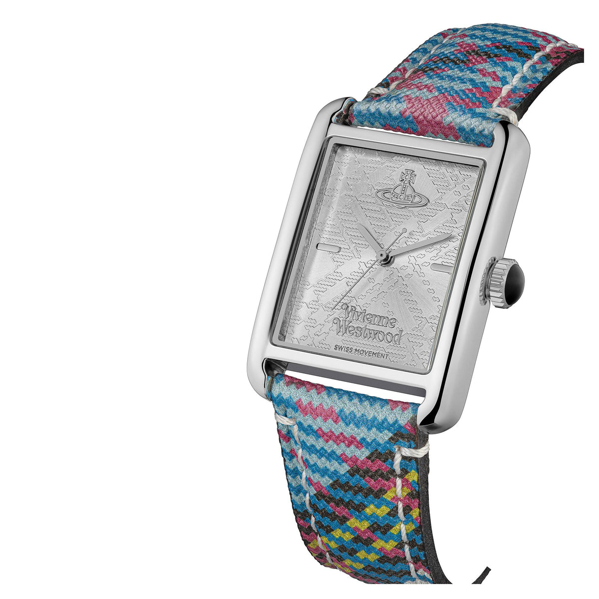 Square stainless steel watch with silver textured dial and multicolor woven leather strap