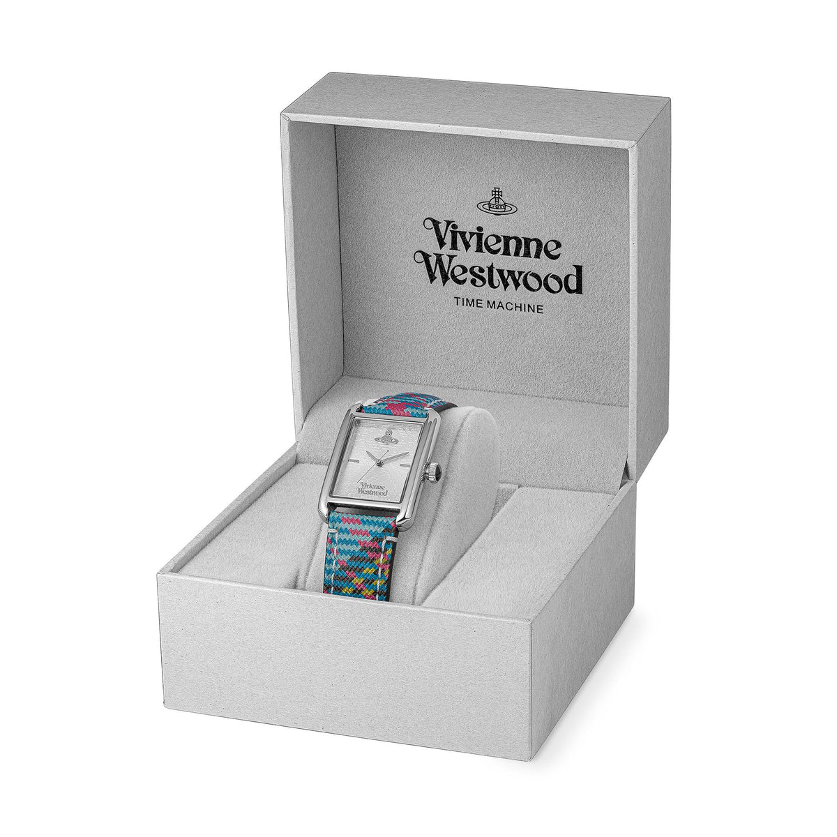 Vivienne Westwood watch in gray gift box with multicolor woven leather strap