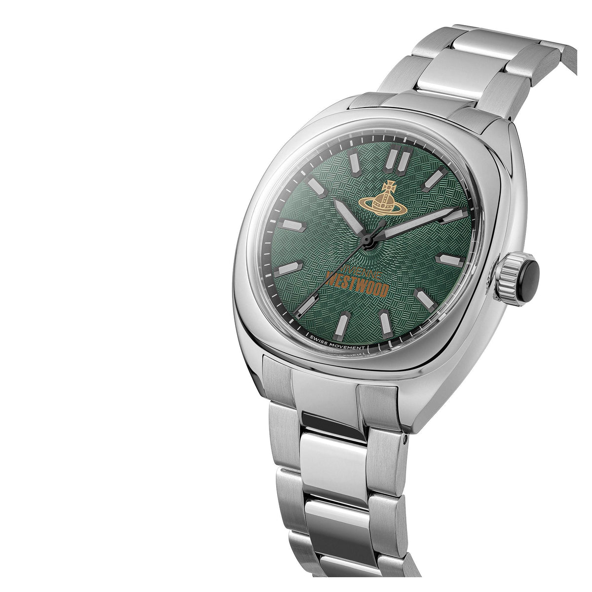 Men's steel quartz watch with green dial, gold crest and ridged crown