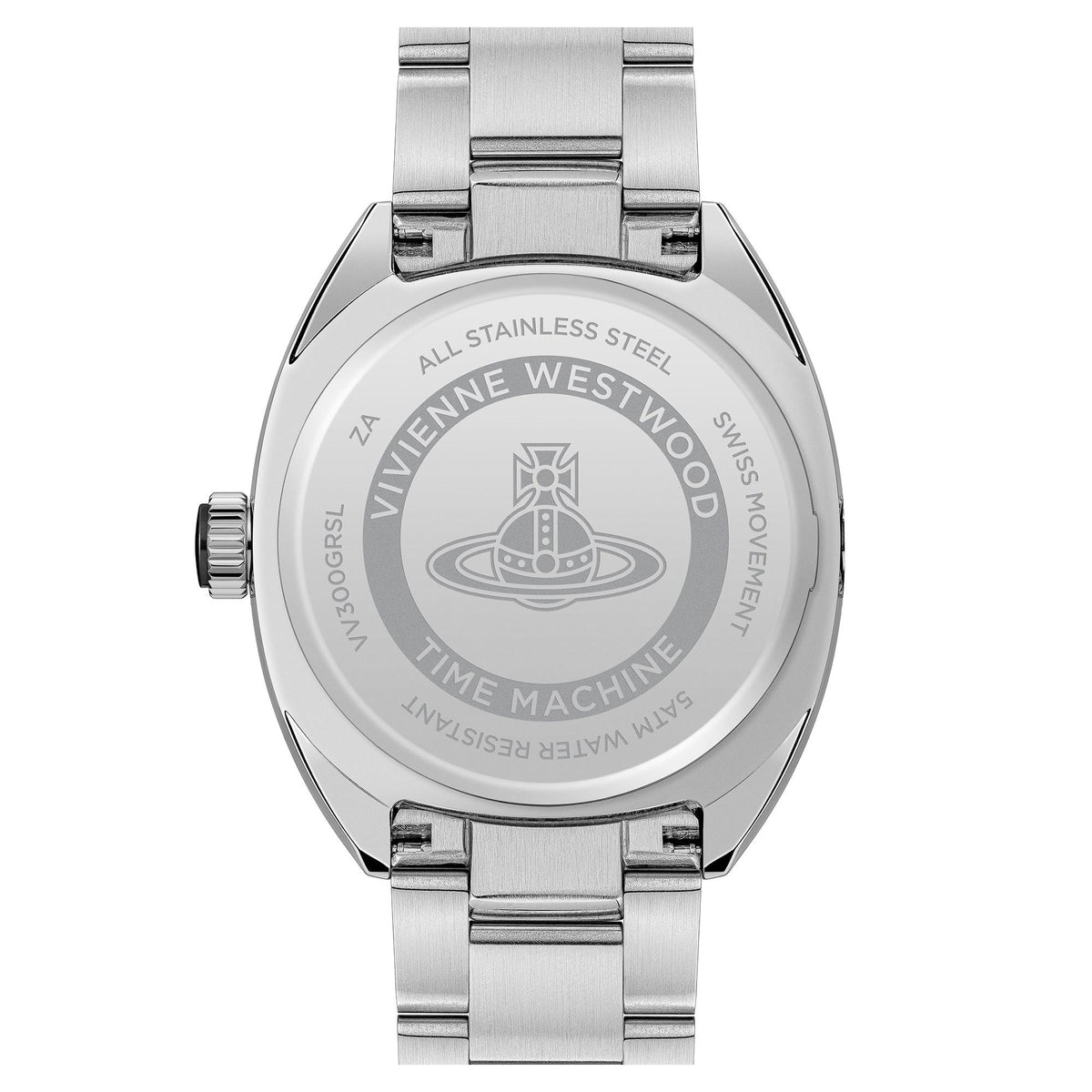 Stainless steel watch case back with Vivienne Westwood Time Machine engraving