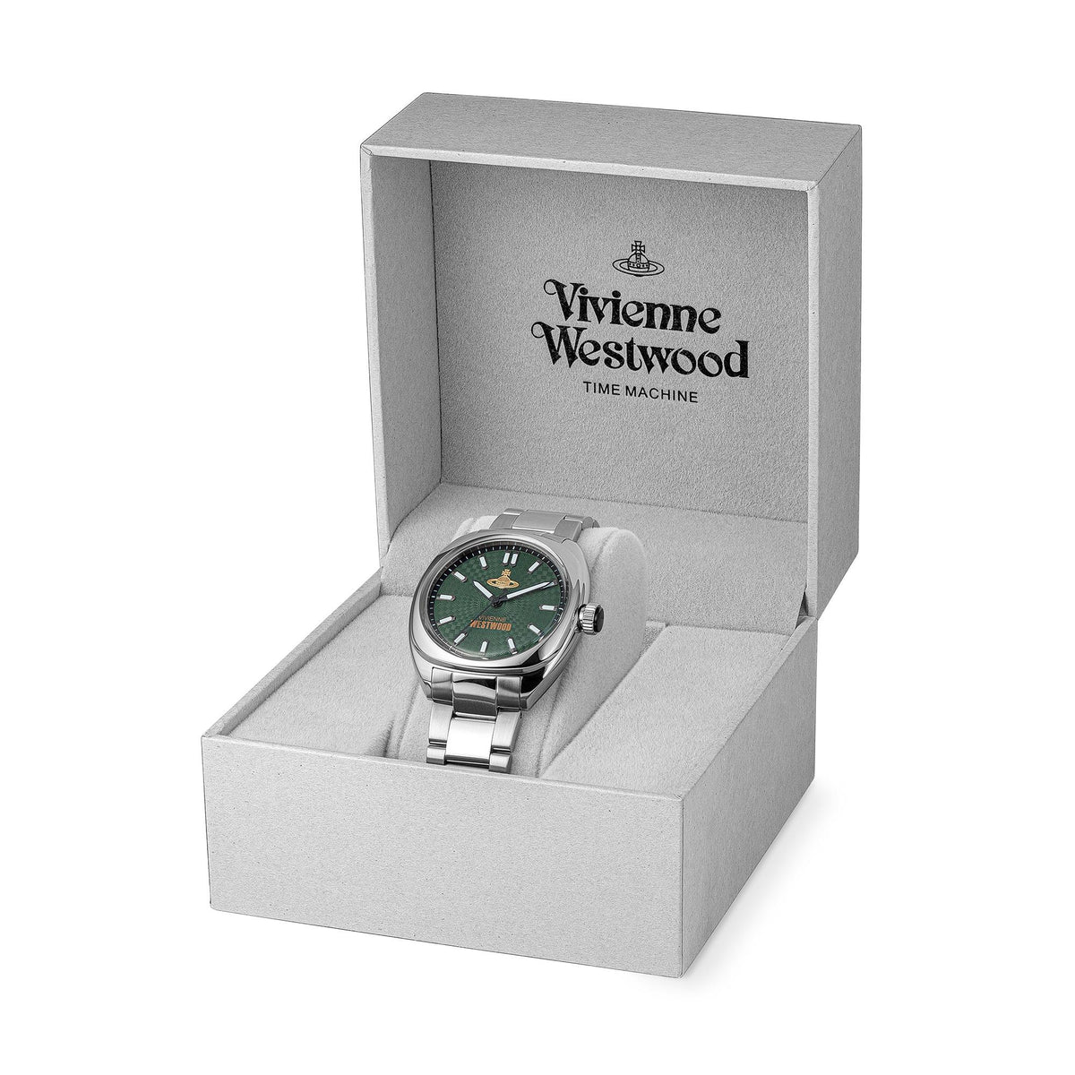 Quartz watch in open gray box, green dial and silver steel bracelet