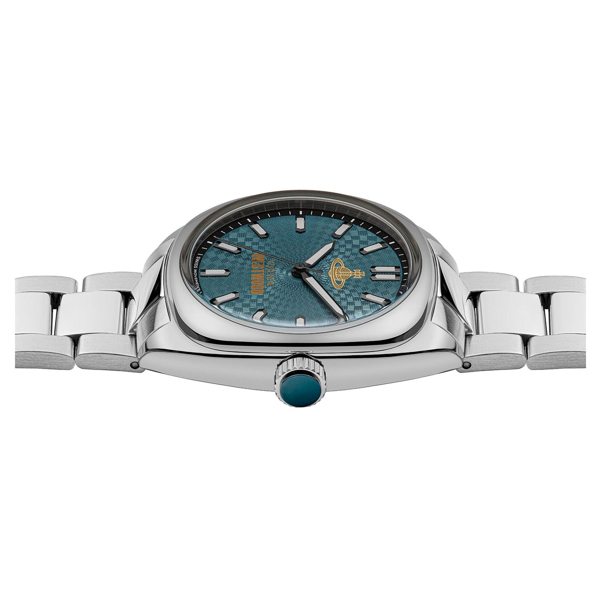 Men's stainless steel watch with teal dial and gold emblem, metal bracelet and side crown.
