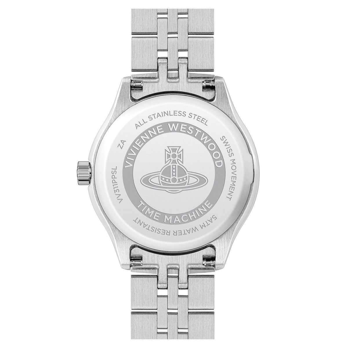 Vivienne Westwood watch case back engraving, stainless steel bracelet shown