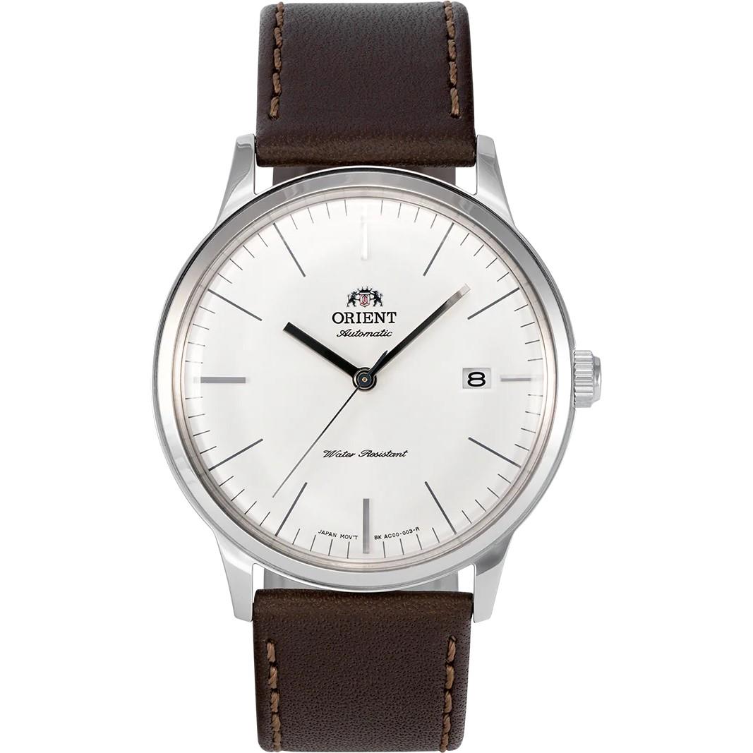 Men's automatic wrist watch with white dial, brown leather strap, silver case and date window