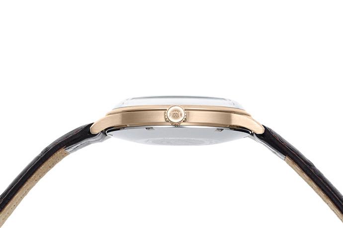 Men's automatic watch top view: rose-gold case, crown, white dial, black leather strap