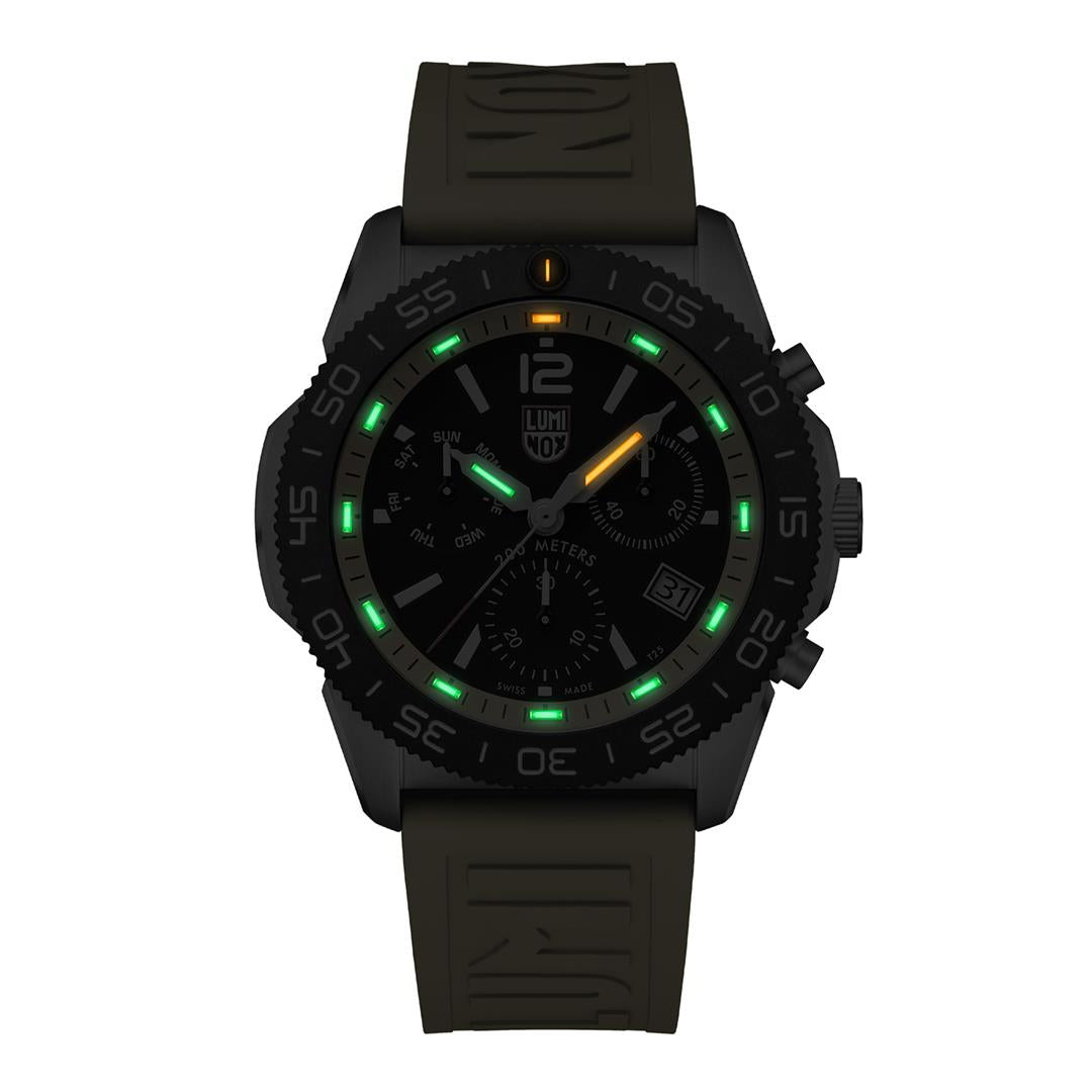 Luminox Pacific Diver 44mm chronograph watch with black case and yellow-green lume marks