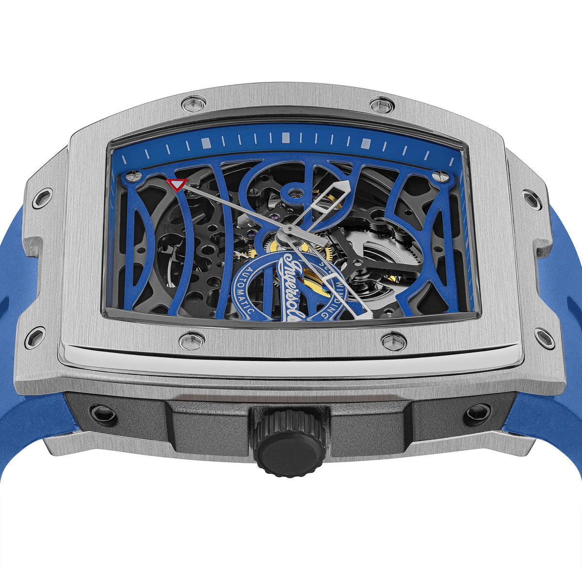 Ingersoll men's automatic watch top view with blue openwork dial and crown knob