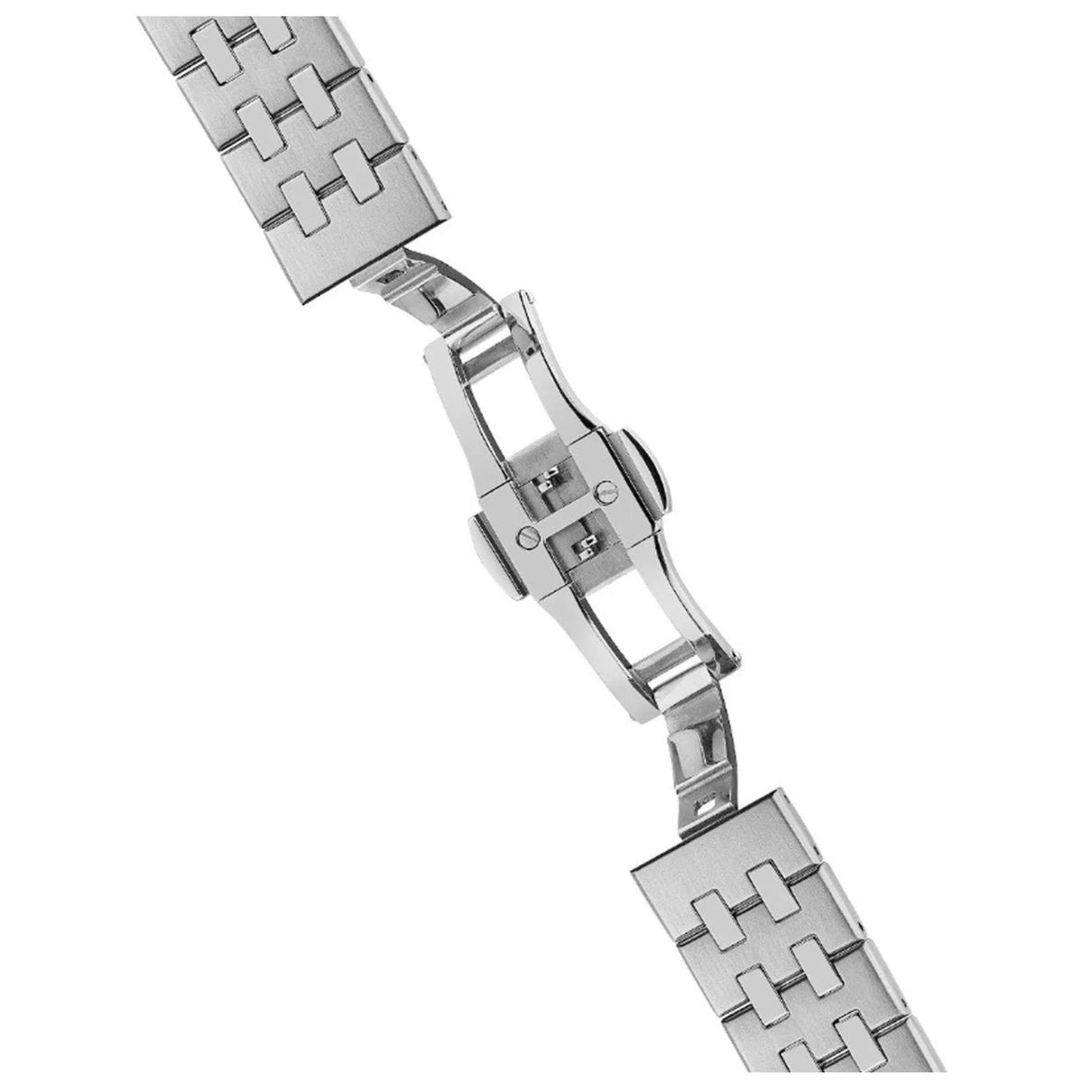 Silver stainless steel watch bracelet links with clasp, side view