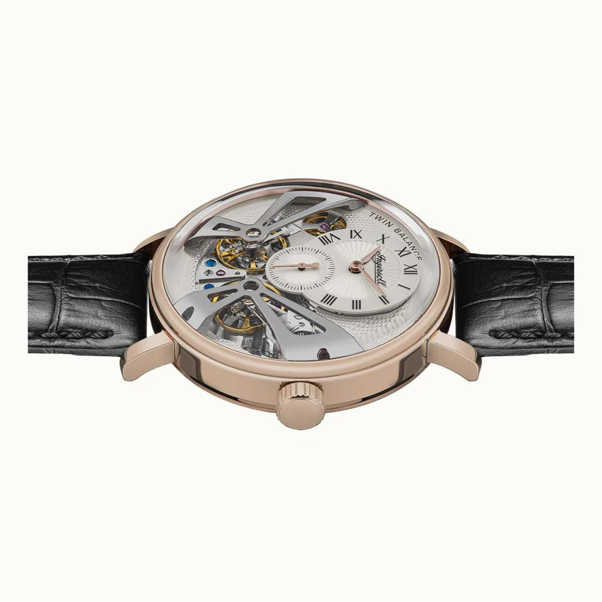 Ingersoll automatic men's watch with black leather strap and rose-gold-toned round case