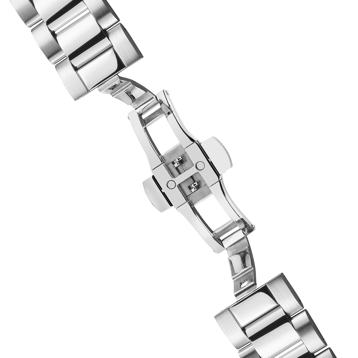 Stainless steel watch bracelet with folding clasp and metal link details