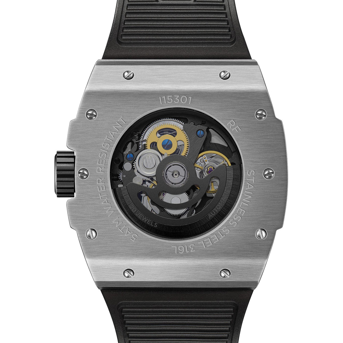 Men's automatic skeleton watch front, black dial with visible gears, silver case, black PU strap