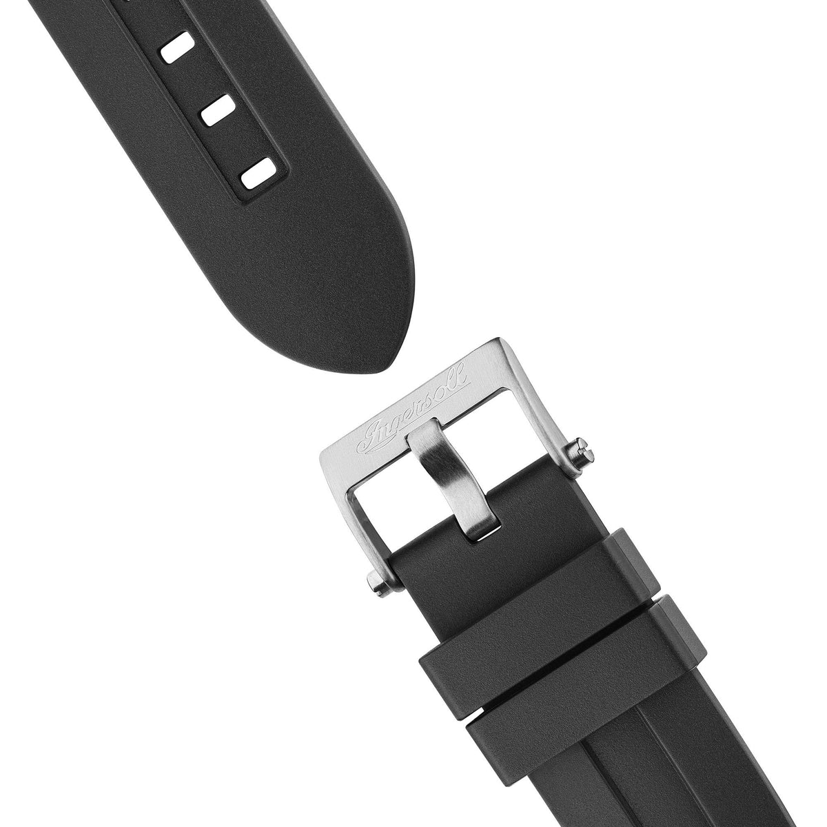 Black PU watch strap with brushed metal buckle and clasp, rectangular link design