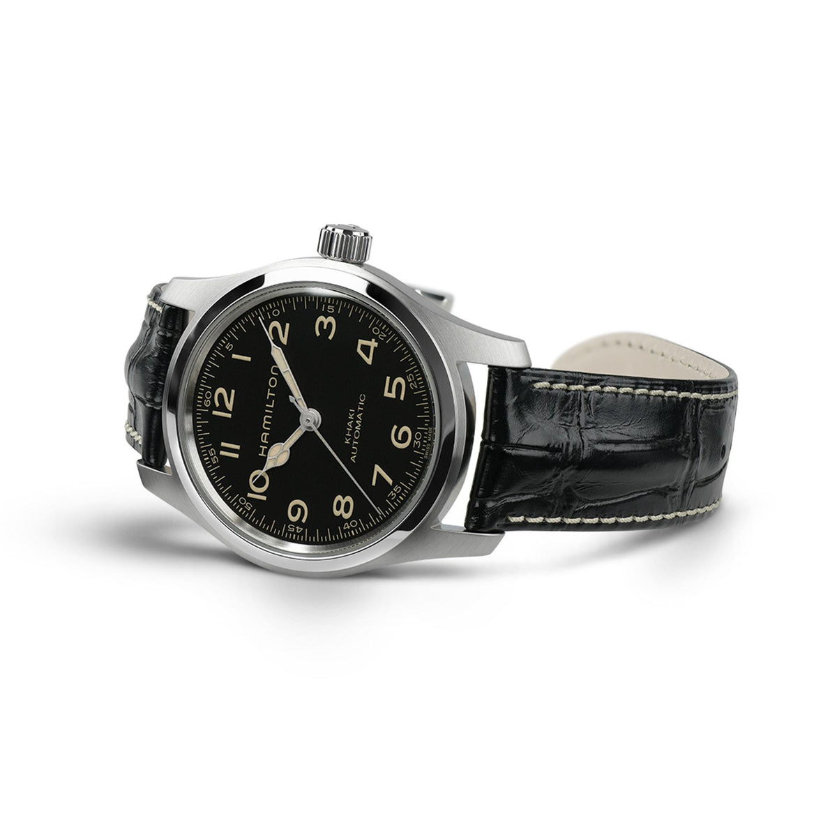 Hamilton Khaki Field H70605731 42mm watch with black dial and leather strap on a white background