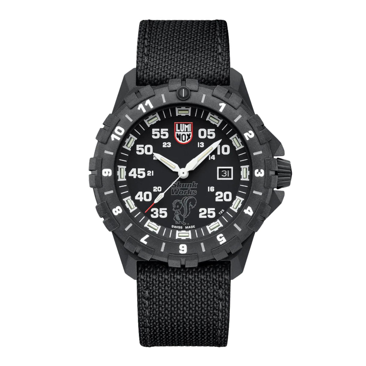 Men's quartz wristwatch with black dial, black textile strap, rugged black case and bezel