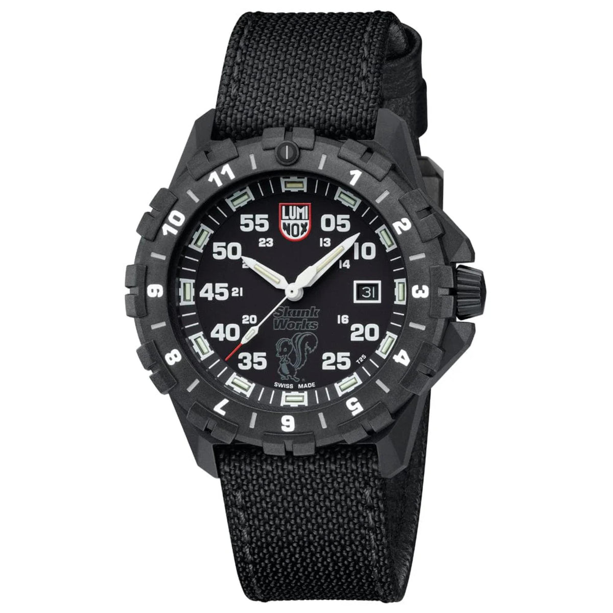 Men's black quartz watch with black dial, luminous markers, and date window on fabric strap
