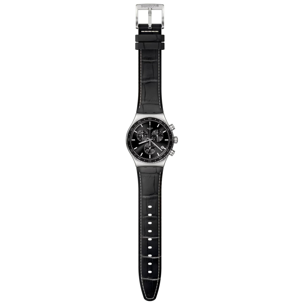 Swatch men’s chronograph watch with black leather strap, silver case and side pushers