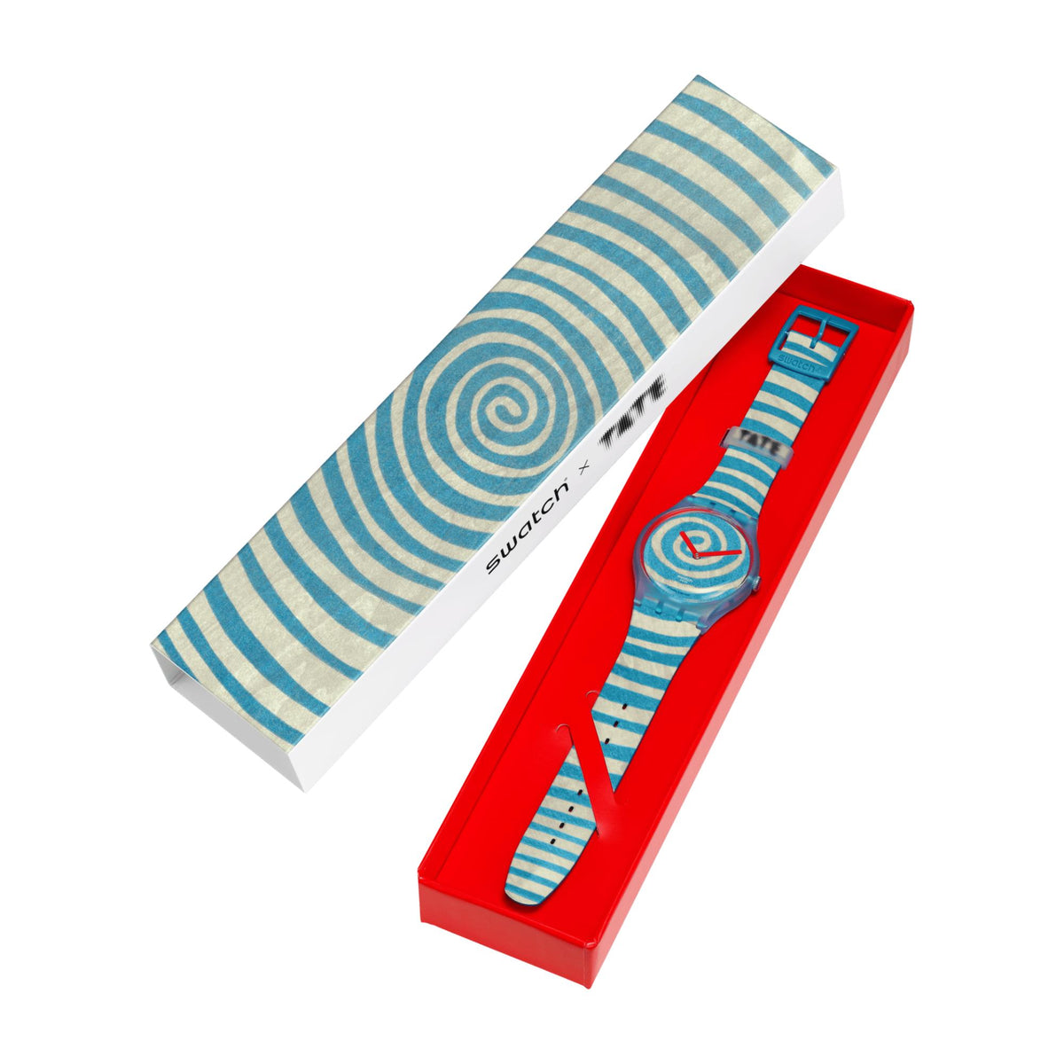 Swatch watch in red gift box, blue strap with spiral dial pattern