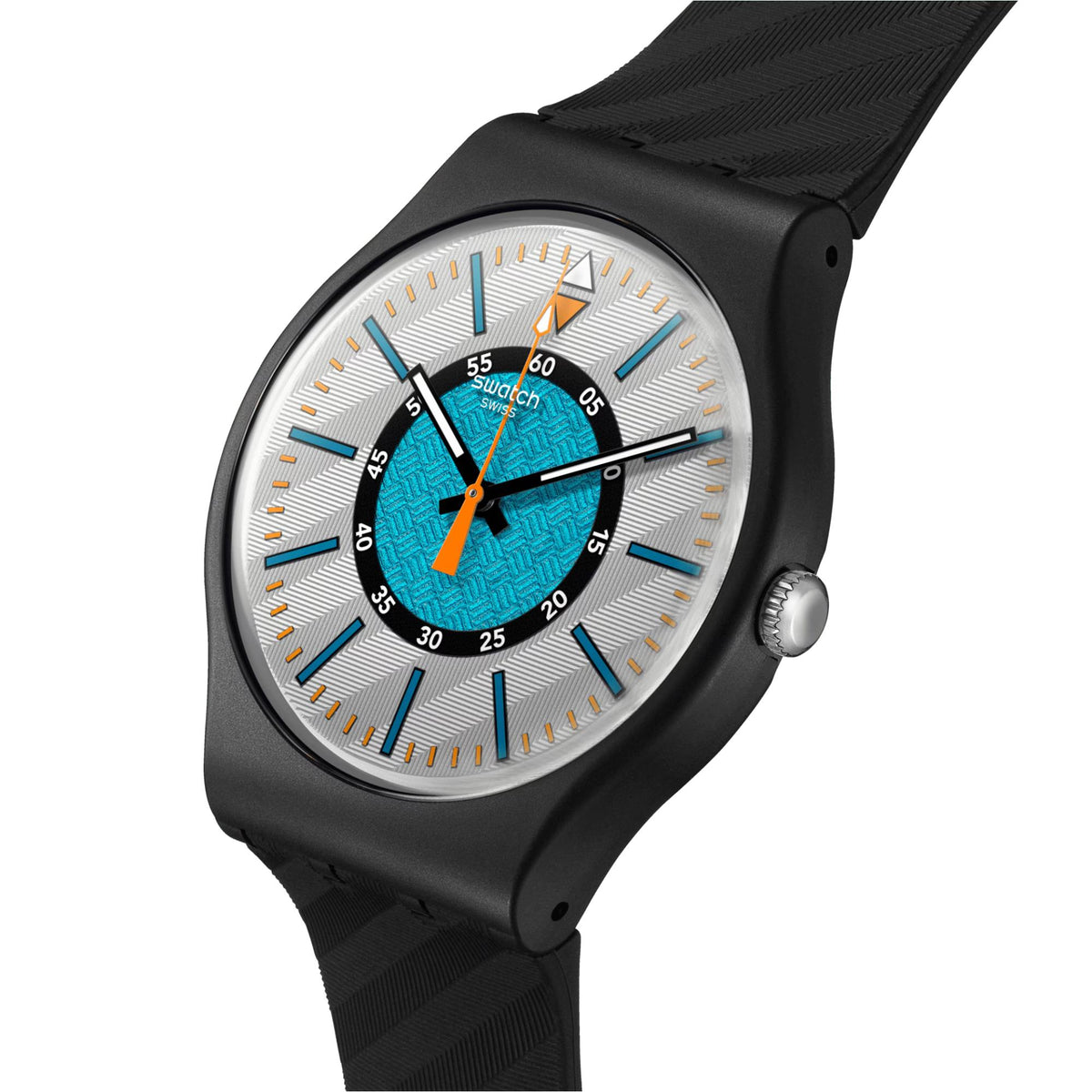 Swatch bioceramic wristwatch close-up: black case, turquoise-blue dial center, orange markers.