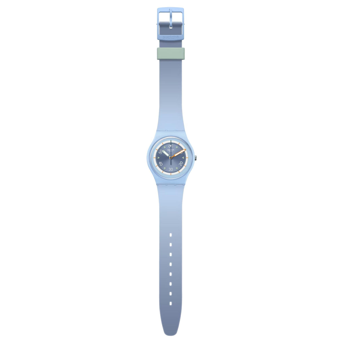 Light blue silicone watch on display with dark dial, orange hands, and markers