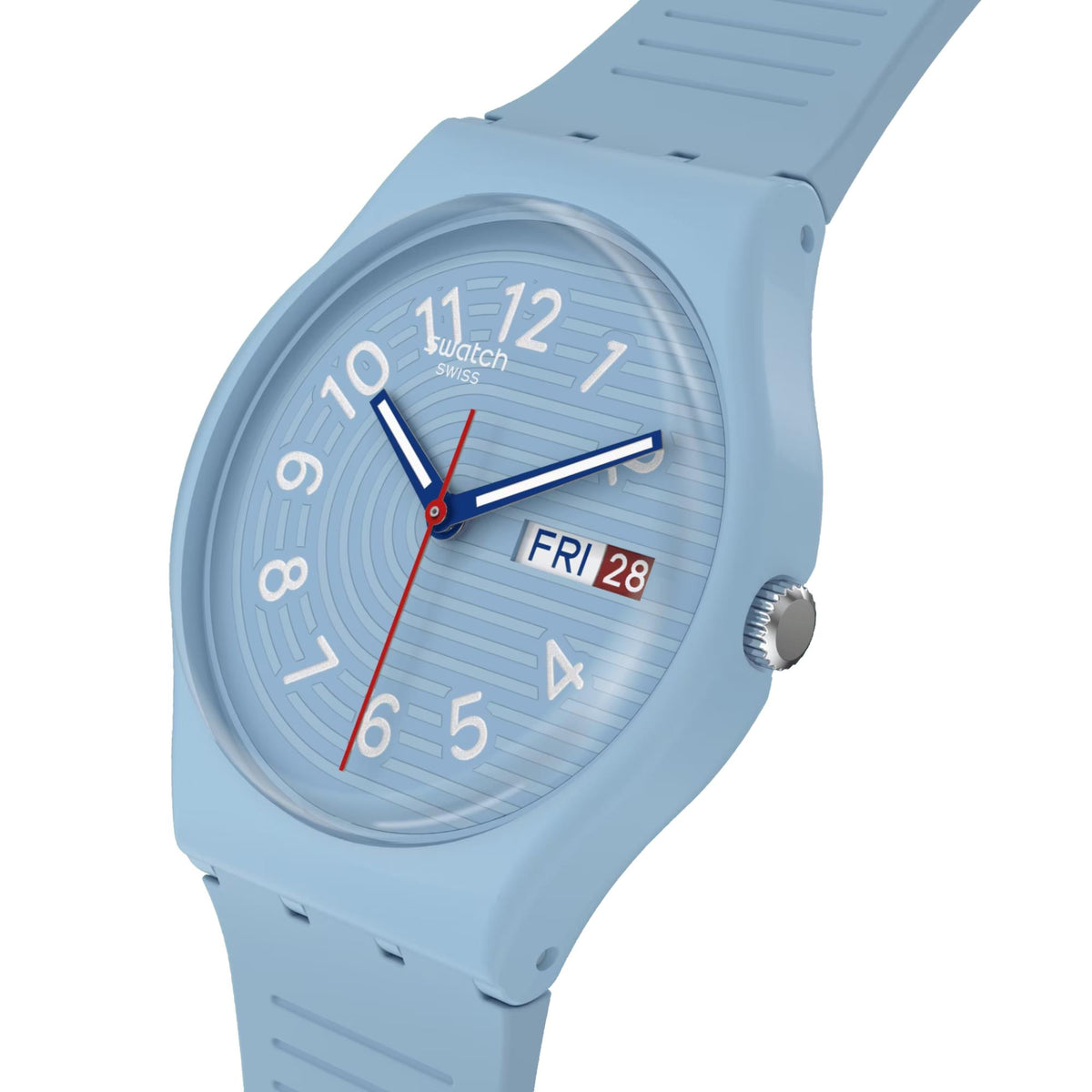 Light blue silicone strap watch, angled view with crown, gray dial and date window