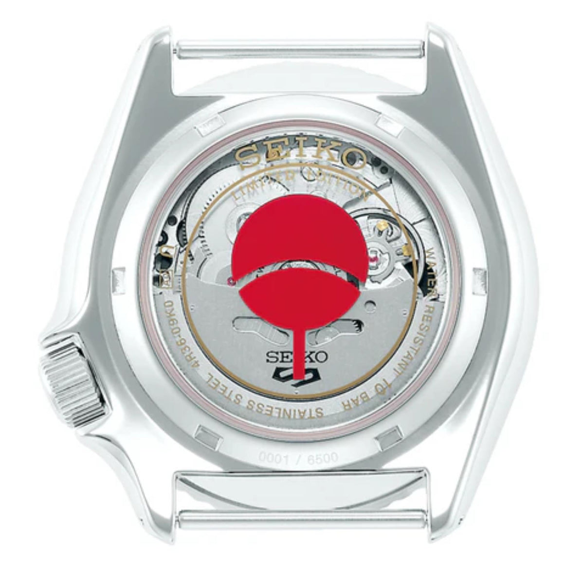 Seiko 5 Sports Naruto & Boruto watch SRPF69K1 exhibition case back with a red Uchiha clan crest rotor and visible automatic movement