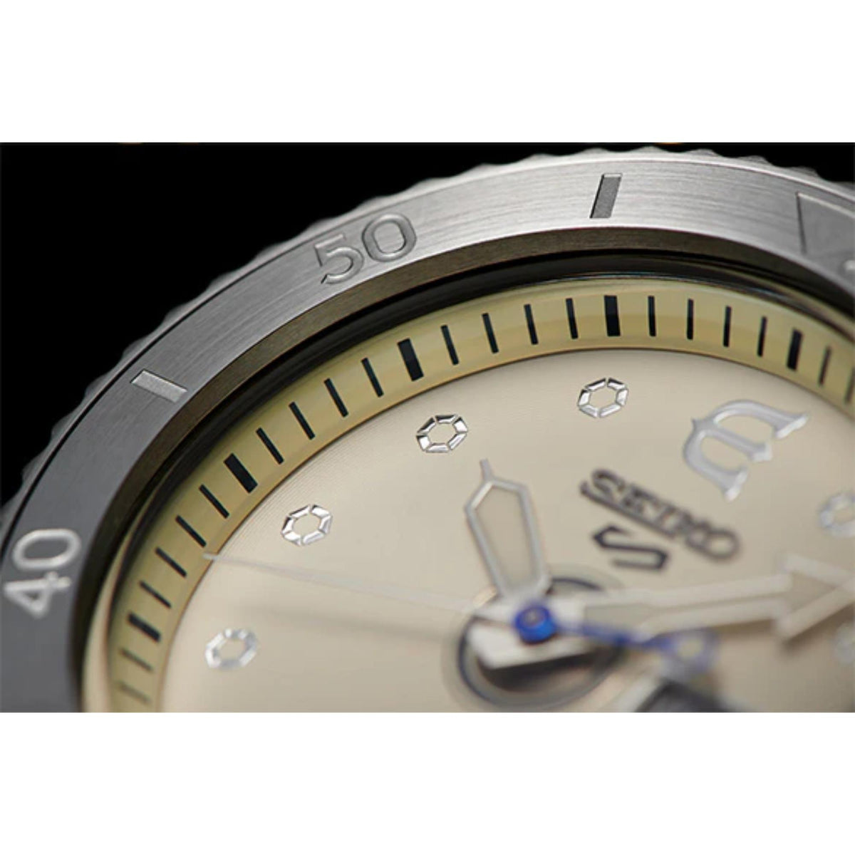 Seiko 5 Sports Evisen Skateboard watch SRPF93K1 close-up highlighting hour markers and blue central hand