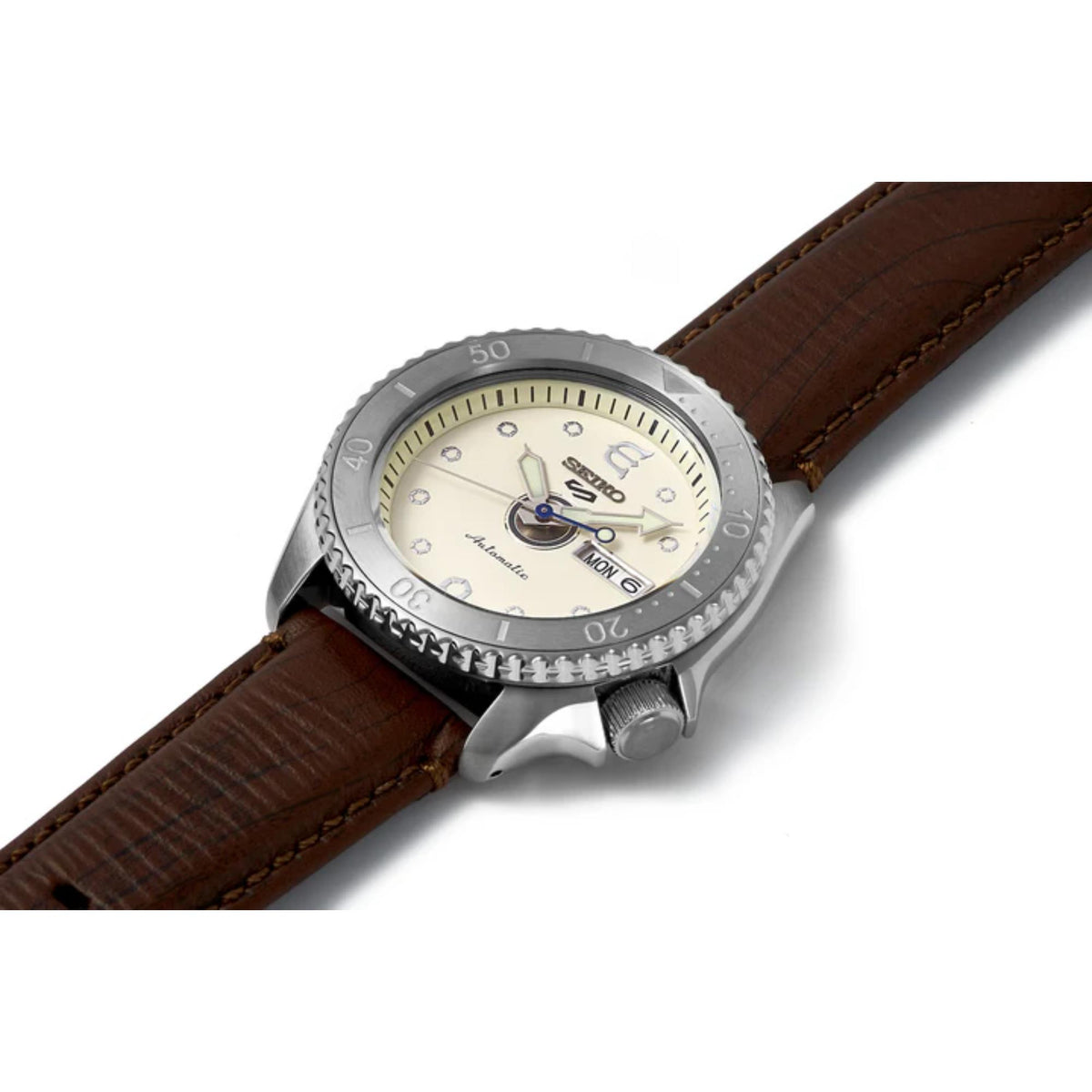 Seiko 5 Sports watch SRPF93K1 displaying a stainless steel case and vintage-inspired leather strap