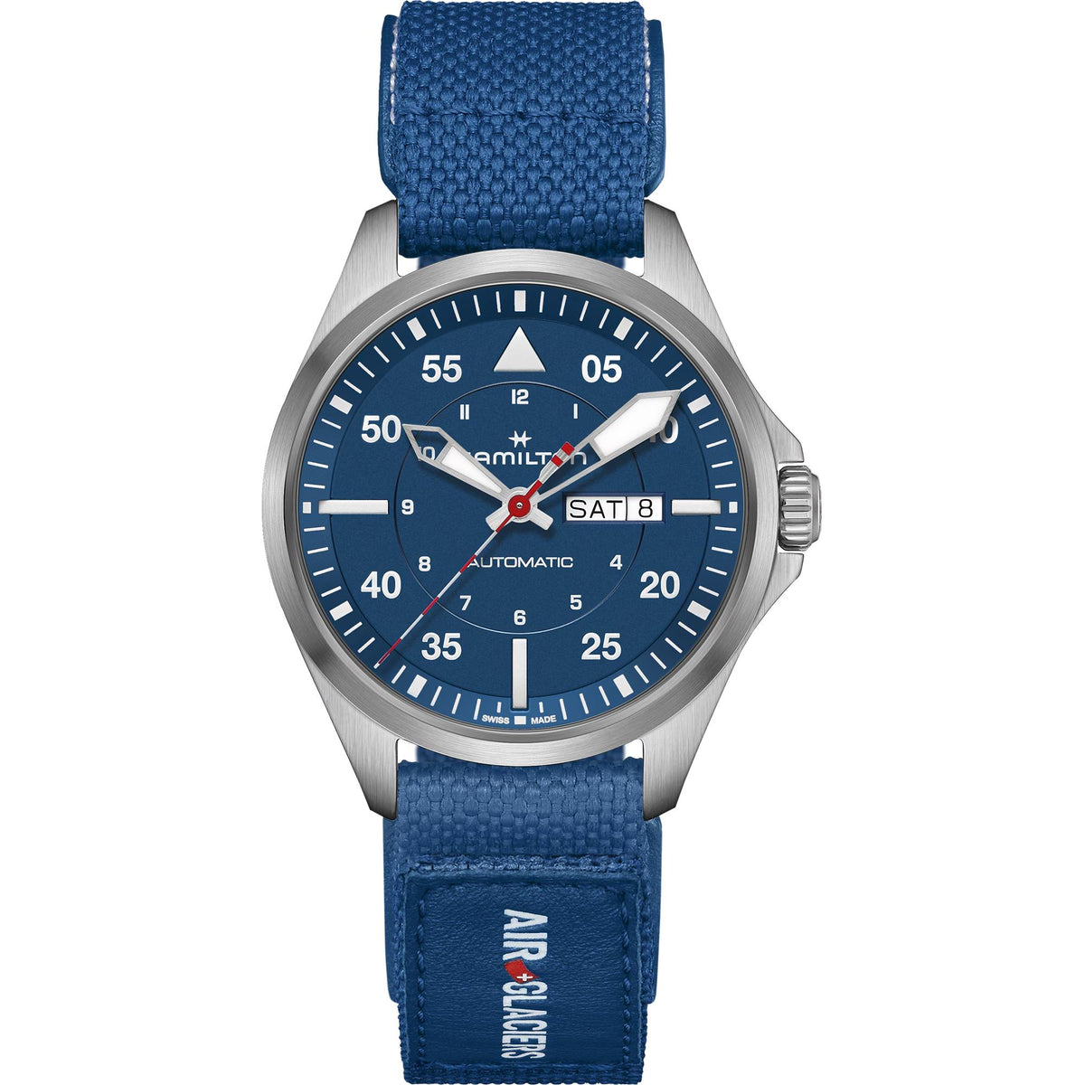 Hamilton Khaki Aviation 42mm Pilot Air-Glaciers blue dial titanium automatic watch H64655941 front view