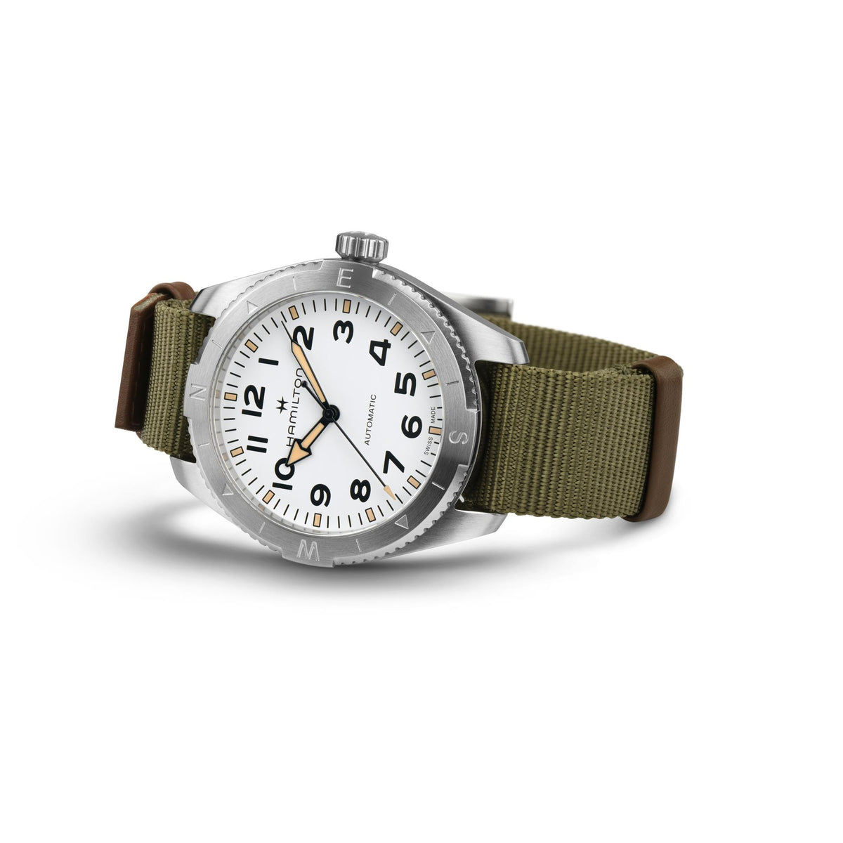 Automatic field watch, white dial, khaki NATO strap, stainless steel case