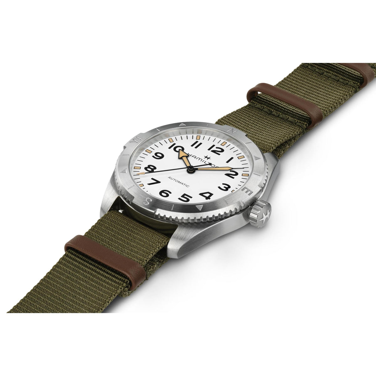White dial automatic watch with khaki NATO strap and brown leather strap keeper