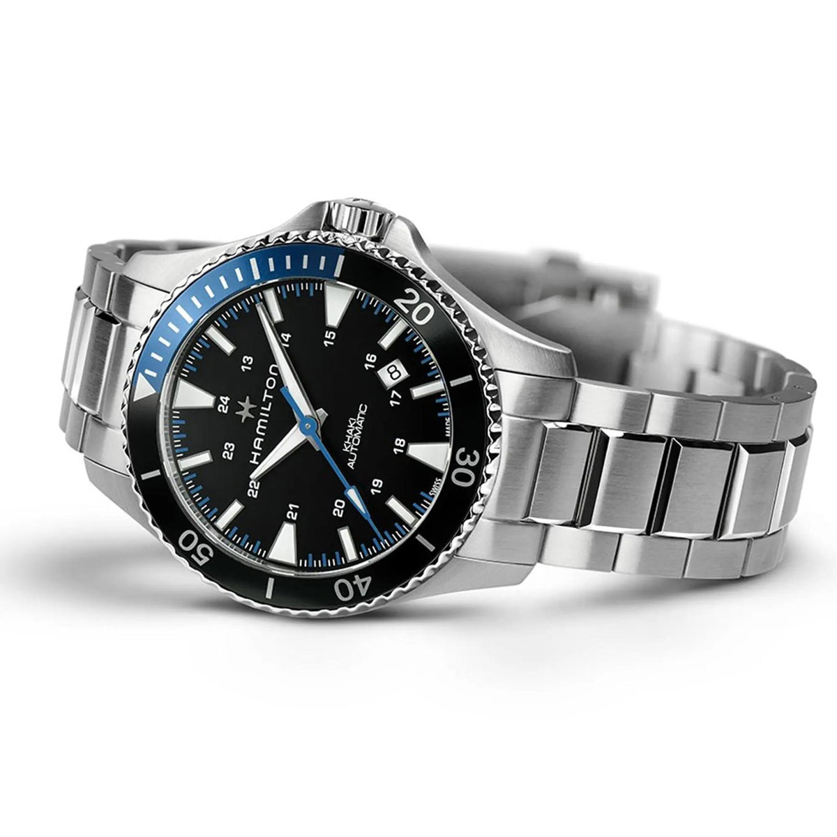 Hamilton Khaki Navy H82315131 date window and dial layout close-up