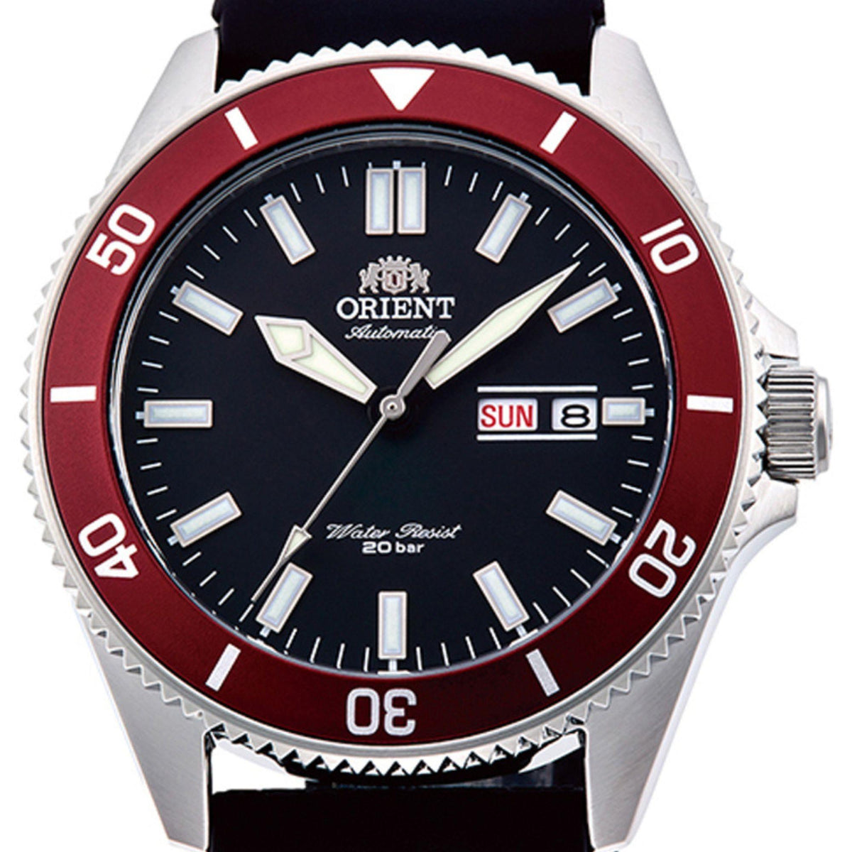 Automatic diver watch with black dial, red bezel, silver case, day-date window.