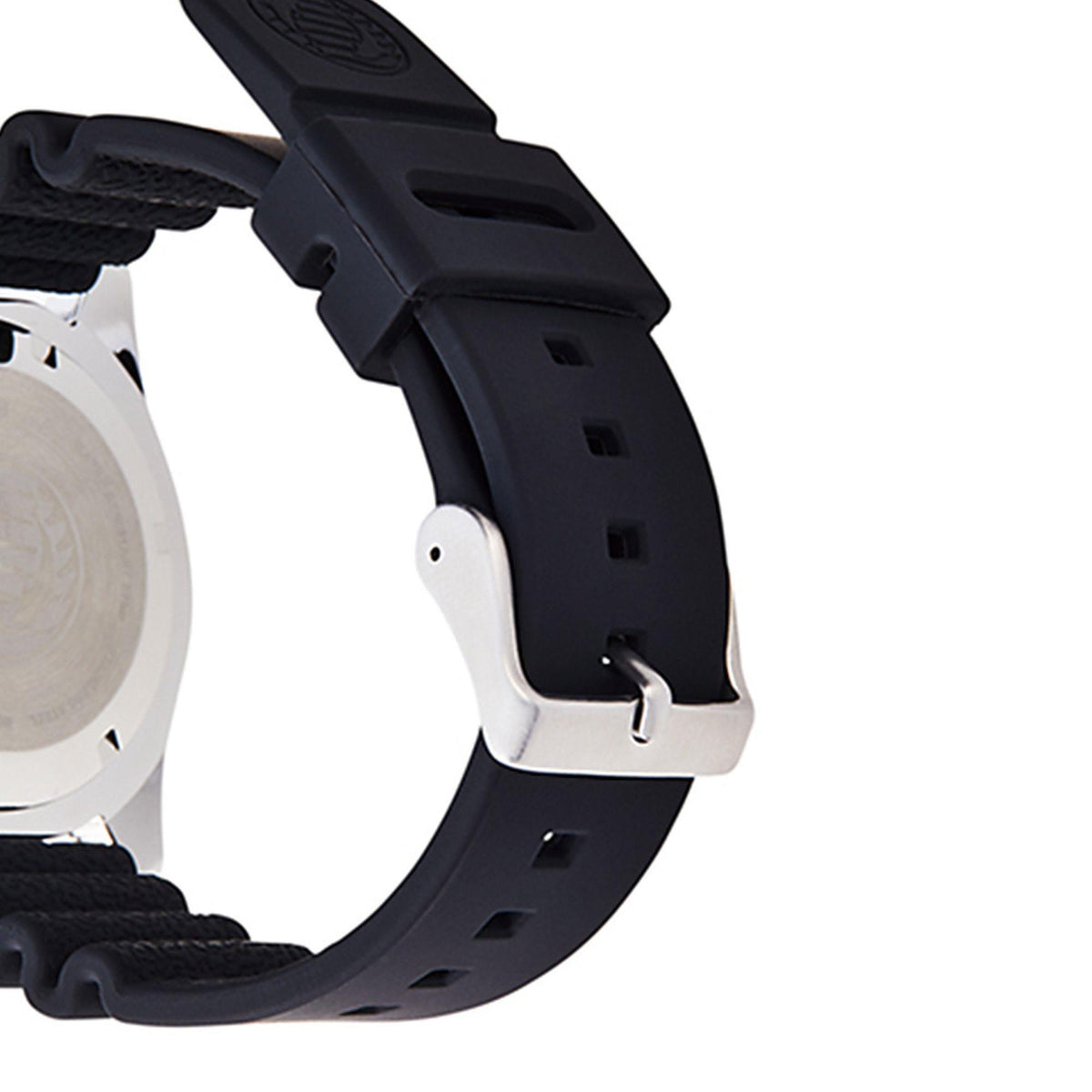 Black silicone watch strap with clasp and adjustment holes.