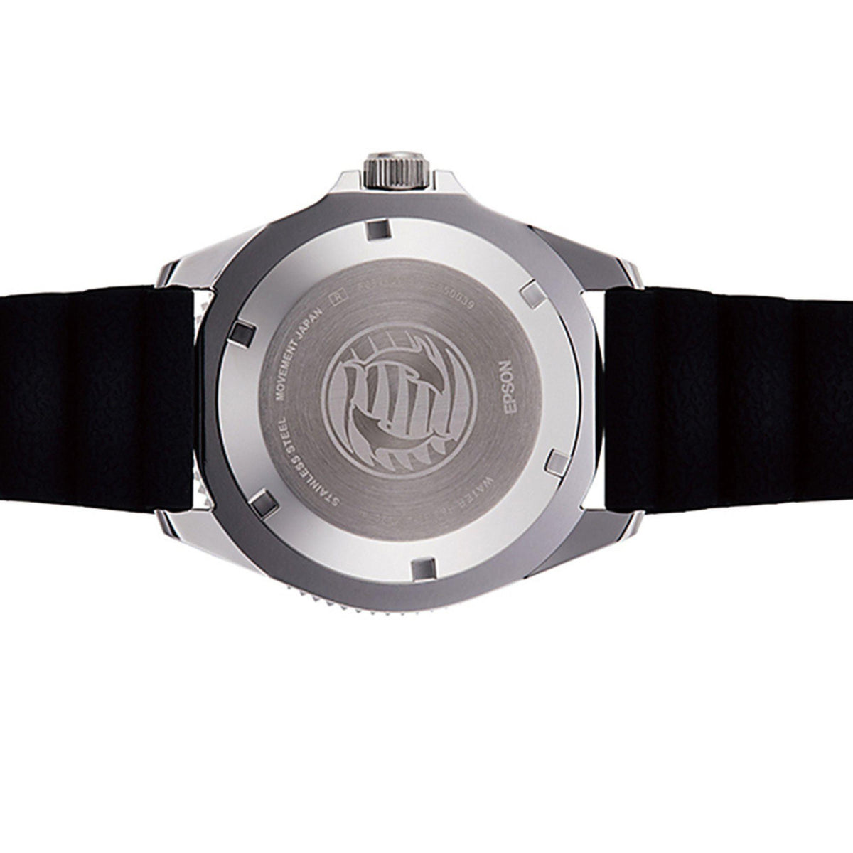Stainless steel watch case back with engraving, black silicone strap.