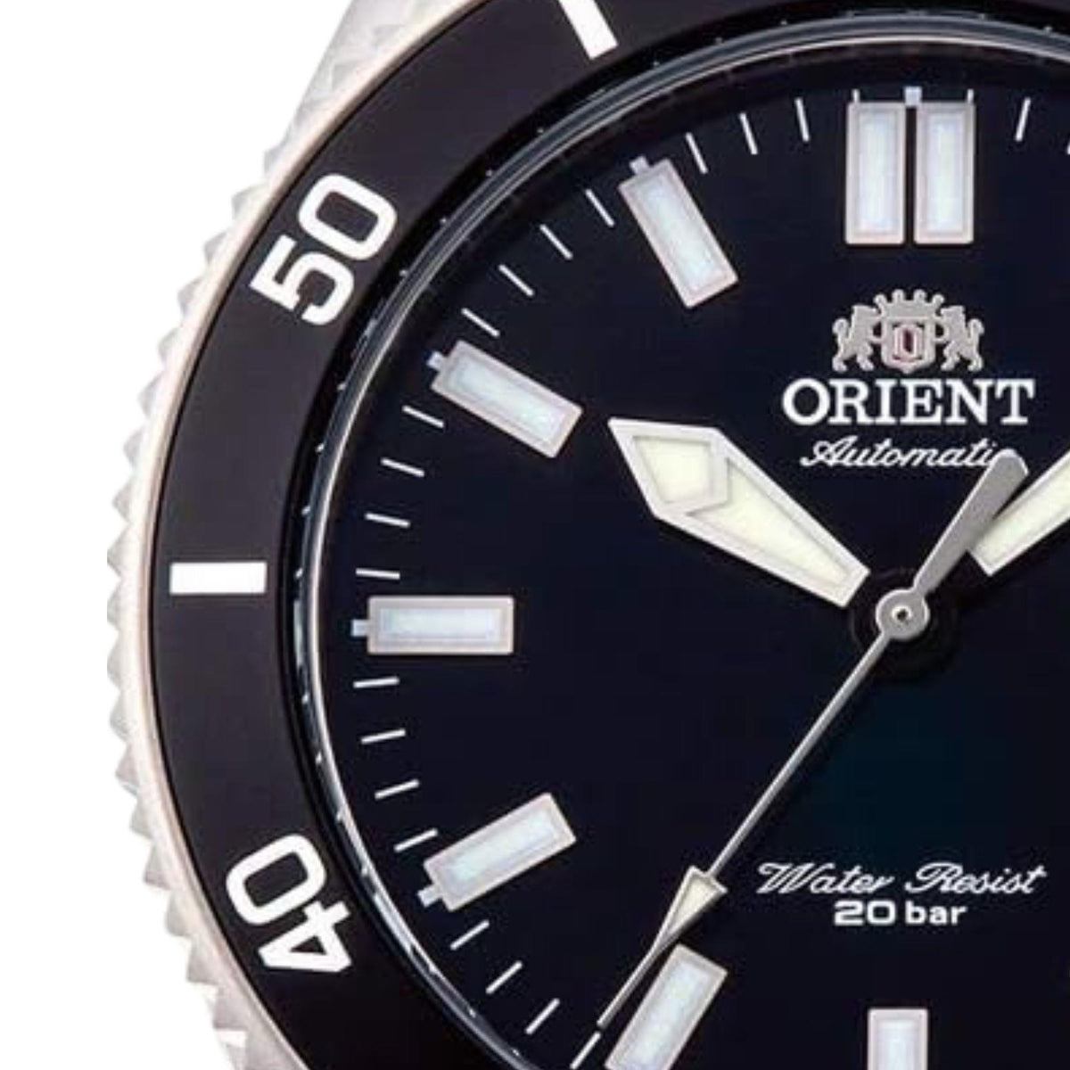 Men's black dial automatic diver watch close-up with silver hour markers and Water Resist text