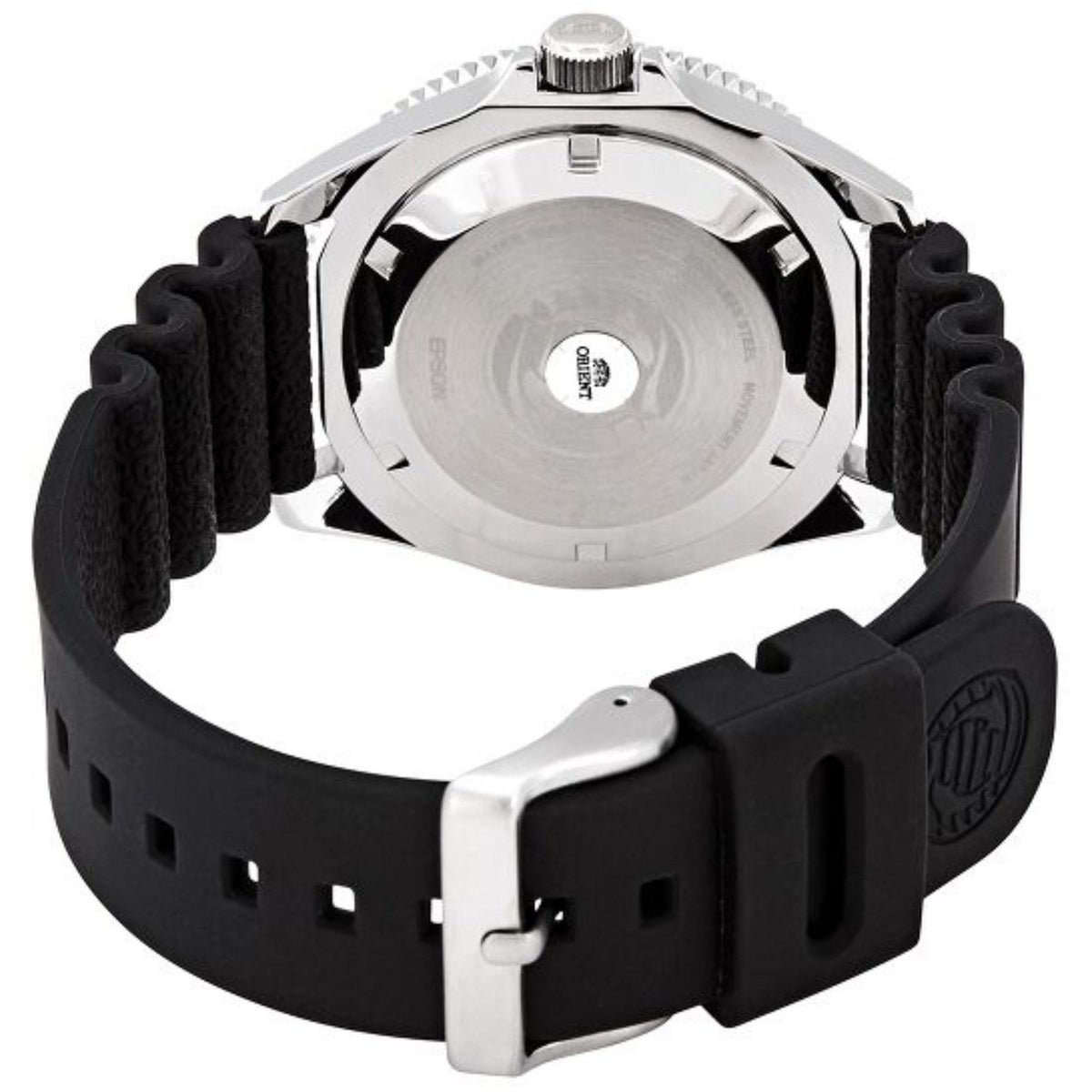 Back view of men's automatic diver watch with stainless caseback and black rubber strap