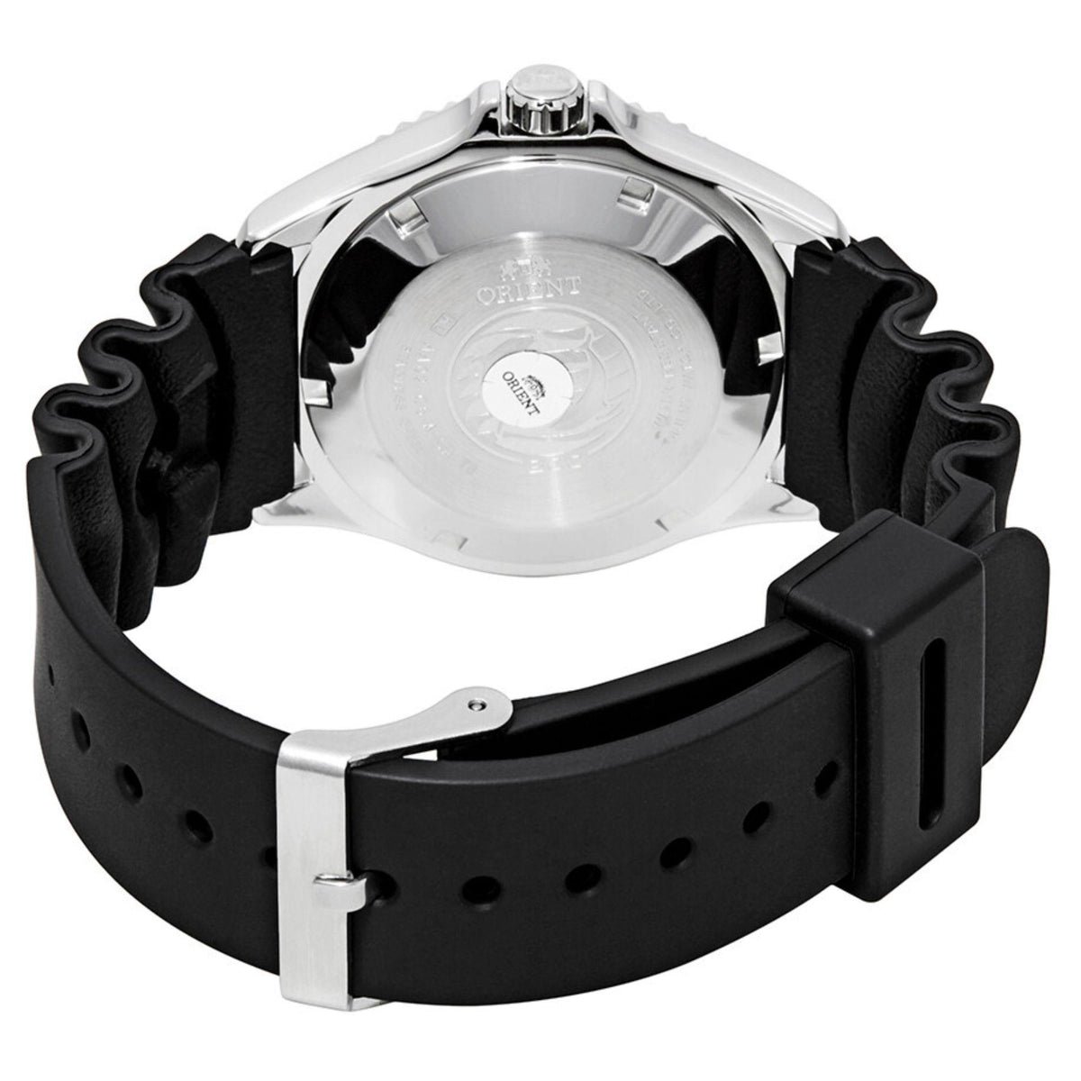 Watch case back view with black rubber strap and silver buckle clasp