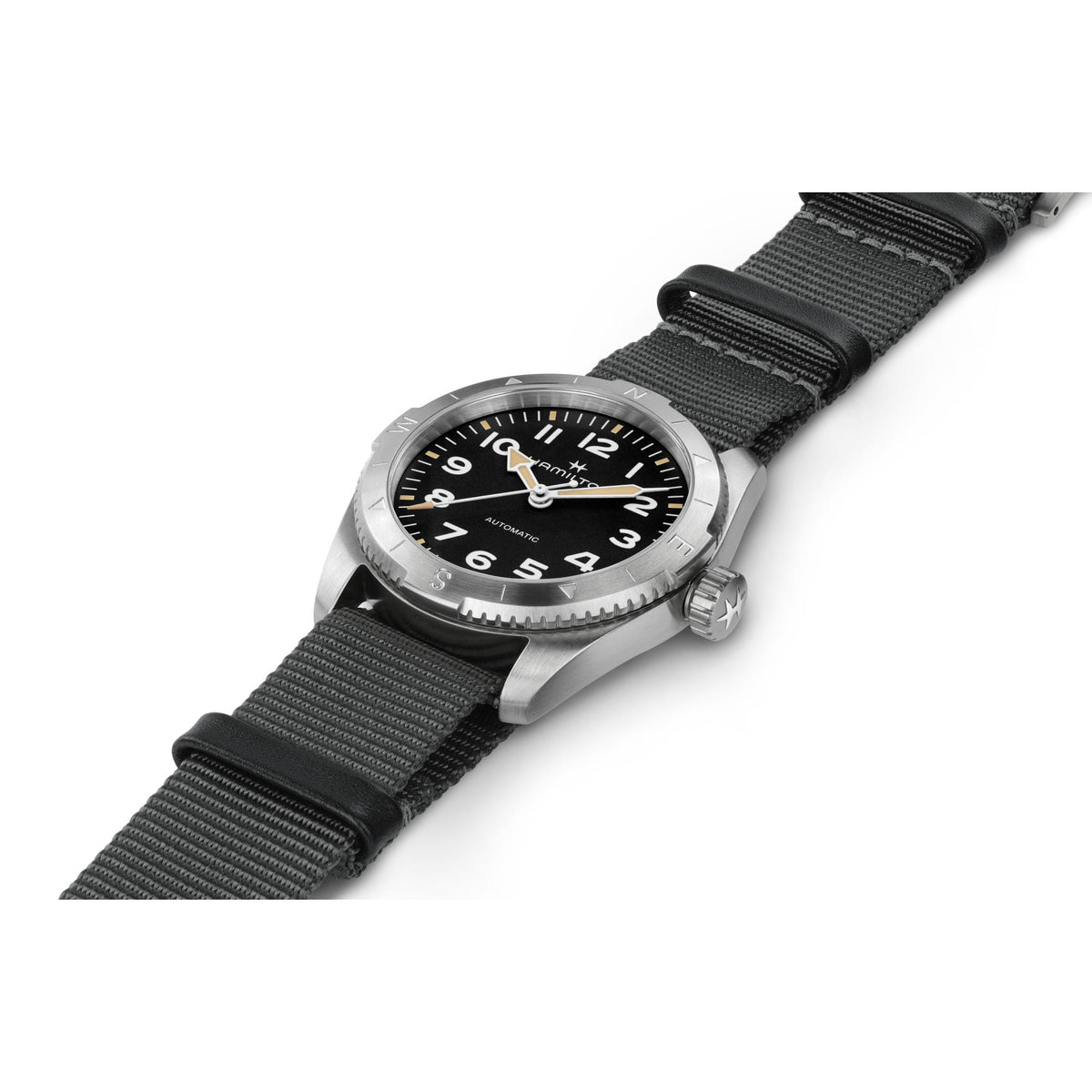 Men’s automatic watch on dark NATO fabric strap with black dial and silvertone case